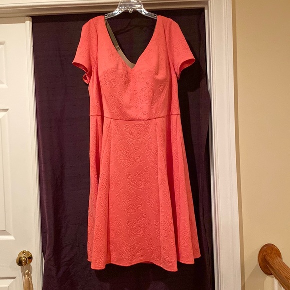 ABS Coral Pink Textured Fit and Flare Dress - Picture 1 of 10